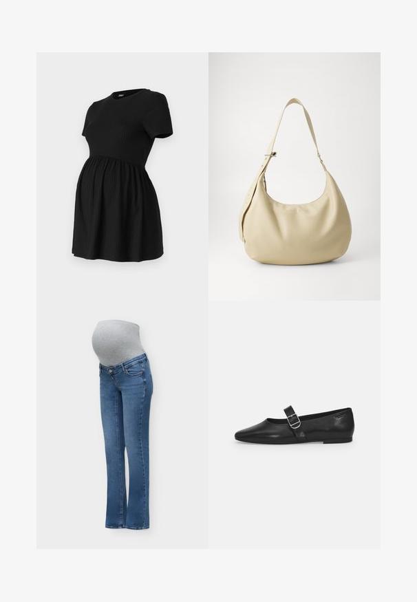 ONLY MATERNITY Peplum OLMMALAYA Peplum - T-shirt basic - black; Blauwe zwangerschapsjeans met een grijze rekbare buikstrook die ontworpen is om comfortabel over een zwangere buik te passen en ondersteuning te bieden.; Zwarte leren platte schoen met een ronde neus, een enkele verstelbare gespsluiting en een gladde, glanzende textuur. Minimalistisch ontwerp met een lage hak.; Beige leren schoudertas met een gebogen vorm, verstelbare schouderband en reliëf logo detail, met een gladde textuur en een minimalistisch ontwerp.