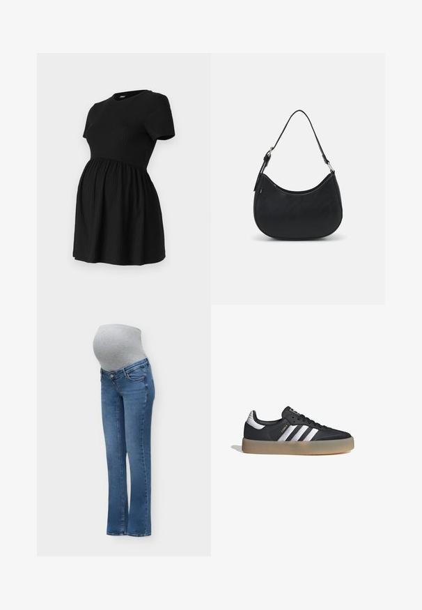 ONLY MATERNITY Peplum OLMMALAYA Peplum - Camiseta básica - black; Vaqueros premamá azules con un panel elástico gris en la barriga, diseñado para ajustarse sobre la barriga de embarazo para mayor comodidad y soporte.; Zapatilla deportiva de cuero negro con tres rayas plateadas, punta texturizada y suela de goma. Cuenta con un collar acolchado y un diseño con cordones.; Bolso hobo negro hecho de cuero suave con una silueta curva, que cuenta con una sola correa ajustable y detalles de diseño minimalistas.