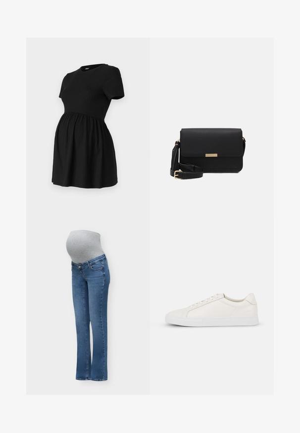 ONLY MATERNITY Peplum OLMMALAYA Peplum - T-Shirt basic - black; Blaue Umstandsjeans mit einem grauen elastischen Bauchpanel, das über den Babybauch passt, für Komfort und Halt.; Weiße Ledersneaker mit glatter Textur, runder Zehenpartie, Schnürung vorne und flacher Gummisohle. Einfaches Design ohne Muster oder Akzente.; Schwarze Leder-Crossbody-Tasche mit Klappenverschluss, goldenen Beschlägen, verstellbarem Tragegurt und strukturiertem Material. Kompakte, rechteckige Form.