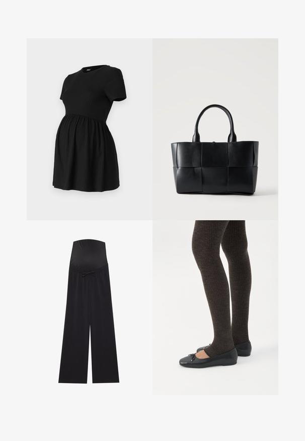 ONLY MATERNITY Peplum OLMMALAYA Peplum - T-shirts basic - black; Sorte graviditetsbukser med en bred, strækbar talje og en sløjfeaccent. Lavet af blødt stof, med en løs, bred ben-design.; Ben iført mørke ribbede leggings kombineret med sorte balletsko med små sløjfedetaljer på hvid baggrund.; Sort læder tote taske med vævede store kvadratiske paneler og to afrundede håndtag på en ensfarvet lys baggrund.