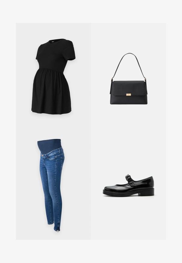 ONLY MATERNITY Peplum OLMMALAYA Peplum - Lihtne T-särk - black; Tumed sinised emade teksad. Kitsas lõige, veniv ja toetav kõhu riba. Küljel on neiude jaoks lukud pahkluu juures.; Mustast lakknahast Mary Jane stiilis king, ümarate varvastega, madala kõrguse ja kompaktse kontsaga ning reguleeritava pandlaga rihmaga suu peal.; Must have musthave mustmust must haved havedh black handbag made of textured material with a structured shape. Features a flap closure, a gold-tone hardware accent, and a single handle.