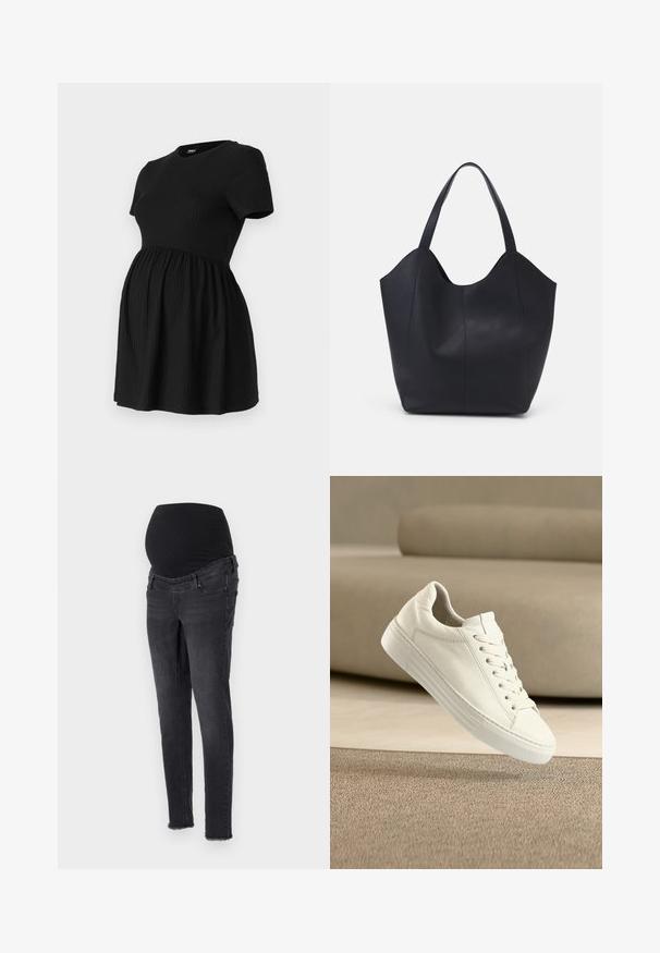 ONLY MATERNITY Peplum OLMMALAYA Peplum - T-shirt basic - black; Maternity jeans in donkergrijze denim met een stretch zwarte tailleband. Heeft een slim fit en lichte slijtage aan de enkels.; Witte leren sneaker met een klassiek ontwerp, voorzien van een vetersluiting, platte rubberen zool en gestructureerde accenten. Strakke, minimalistische uitstraling.; Zwarte tote tas van glad leer, met een gebogen, open bovenkant en twee schouderbanden, en een minimalistisch ontwerp.