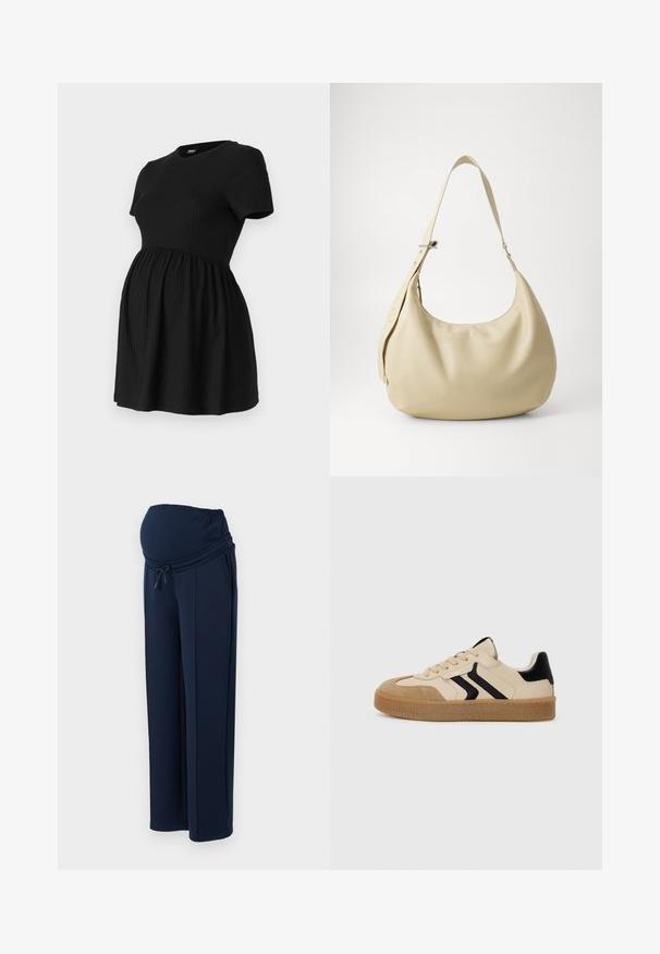 ONLY MATERNITY Peplum OLMMALAYA Peplum - Camiseta básica - black; Pantalones de maternidad de color navy, confeccionados en una tela suave, con una cinturilla elástica y cordón ajustable, y con dos bolsillos laterales para mayor comodidad.; Zapatillas beige con detalles negros, materiales de ante y cuero, diseño de corte bajo, puntera redonda, suela de goma texturizada en tono marrón y sistema de cordones.; Bolso de hombro de cuero beige con forma curva, correa ajustable y detalle de logo en relieve, que presenta una textura suave y un diseño minimalista.
