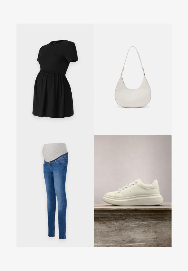 ONLY MATERNITY Peplum OLMMALAYA Peplum - T-shirts basic - black; Graviditetsjeans i blå denim med en tætsiddende pasform. Har en grå strækpanel for komfort. Klassisk fem-lomme design med let falmning.; Hvid lædersneakers med rund tå, glat tekstur og kontrasterende snørebånd. Har ventilationshuller og en tyk gummisål for komfort.; Cremefarvet læder skuldertaske med en halvmåneform, tynd rem og diskrete syninger. Minimalistisk design med hardware-accenter i guldton.