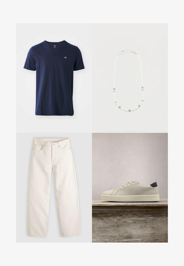T-shirt en coton bleu marine avec un col en V, des manches courtes et un petit logo brodé sur la poitrine. Texture douce et design décontracté.; Jeans droit couleur blanc cassé avec cinq poches, passants pour ceinture, fermeture par bouton et coutures visibles sur un fond clair.; Baskets blanches avec semelle texturée et détail noir au talon, flottant au-dessus d'un banc en bois avec de hautes herbes vertes en arrière-plan.; Collier de perles blanches avec des intercalaires en strass argentés et un fermoir chaîne en argent, présenté sur un fond clair uni.