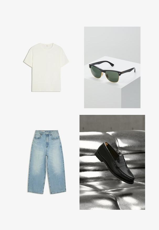 T-shirt blanc uni à manches courtes et col rond, posé à plat, en tissu lisse avec une coupe décontractée et sans motifs ni logos visibles.; Jean denim bleu clair taille haute avec jambes larges, poches avant, passants de ceinture et fermeture par bouton et fermeture éclair.; Mocassin en cuir noir flottant au-dessus d'un canapé en cuir argenté brillant matelassé à boutons dans un décor minimaliste.; Lunettes de soleil Ray-Ban avec des verres verts, monture en plastique noir et accents dorés sur les bords. Forme carrée avec une finition mate.