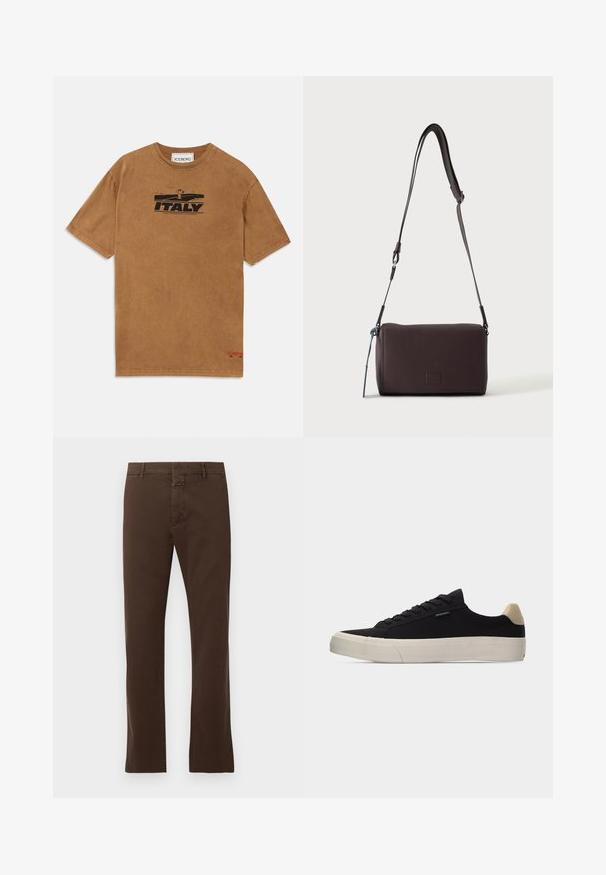 Hnedé bavlnené tričko s čiernym grafickým potlačou a textom "ITALY". Strih s okrúhlym výstrihom a krátkymi rukávmi, s logom na leme.; CLOSED CLIFTON TRUE - Nohavice chinos - espresso brown; Čierna nízka teniska s béžovým pätkovým pásikom, bielou hrubou gumovou podrážkou, čiernymi šnúrkami a malou nášivkou "PS Paul Smith" na boku.; Tmavohnedá kožená crossbody taška s textúrou, nastaviteľným popruhom a malým dekoratívnym modrým prvkom na boku.