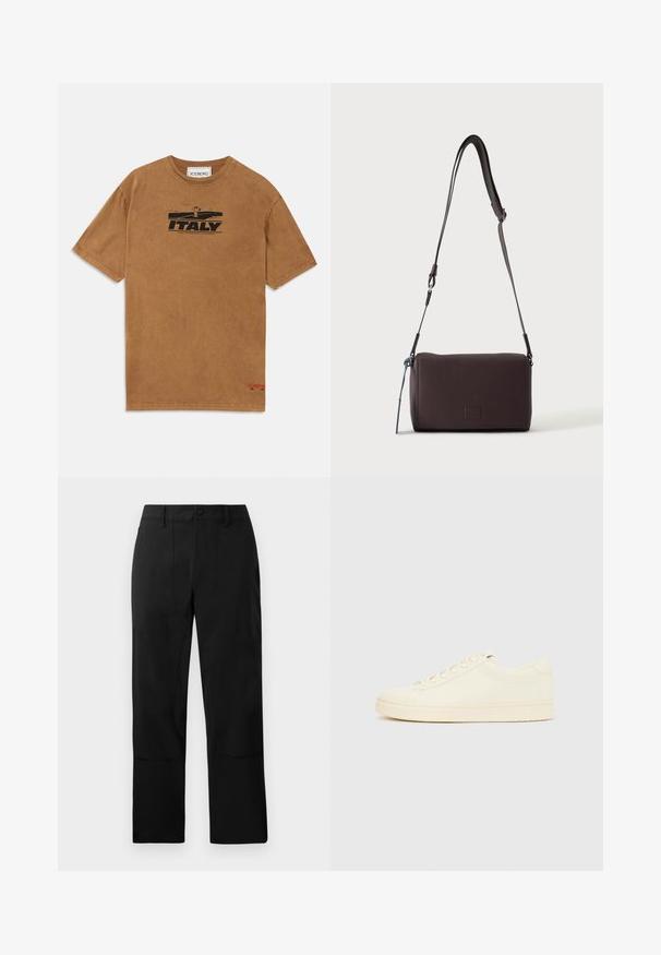T-shirt en coton marron avec un imprimé graphique noir portant le texte "ITALIE". Conception à col ras du cou avec des manches courtes et un détail de logo sur l'ourlet.; Pantalons noirs en tissu lisse, avec un devant plat, deux poches avant et une coupe droite agrémentée de détails de couture discrets.; Baskets couleur crème avec une tige en cuir lisse, bout arrondi, laçage à l'avant et semelle en caoutchouc texturée. Design minimaliste, sans logo.; Sac bandoulière en cuir marron foncé texturé avec une sangle réglable et un petit accent décoratif bleu sur le côté.
