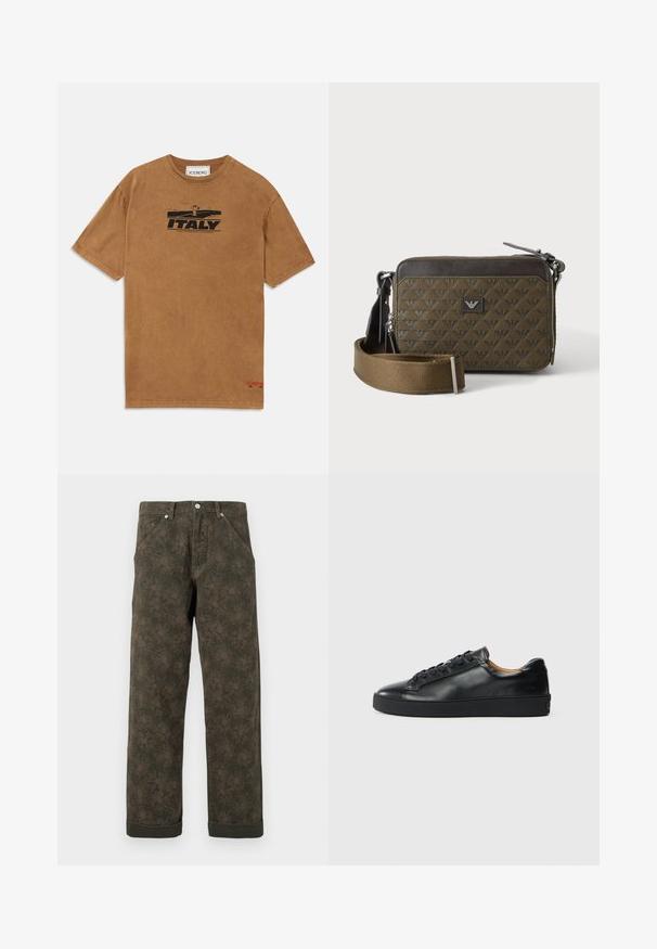 Braunes Baumwoll-T-Shirt mit einem schwarzen Grafikdruck und dem Text "ITALY". Rundhalsausschnitt mit kurzen Ärmeln und Logodetail am Saum.; Dunkelgrüne Hosen mit dezentem Blumenmuster, Knopfverschluss vorne, Taschen und umgeschlagenen Säumen.; Schwarze Leder-Sneaker mit glatter Textur, runder Zehenpartie und Schnürverschluss. Verfügt über eine dicke Gummisohle und minimalistische Marken-Details.; Kleine rechteckige braune Umhängetasche mit gemusterter Textur, Frontlogo-Patch, Reißverschluss und breitem verstellbarem Riemen.