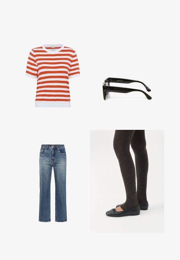 T-shirt tricot à manches courtes rayé en orange et blanc ; col rond ; texture douce ; coupe droite ; finition avec un ourlet côtelé blanc uni.; Jean droit en denim bleu avec taille haute, fermeture boutons, et poches avant, présentant un léger effet délavé et de subtils détails whiskering.; Jambes portant des leggings côtelés foncés associés à des ballerines noires avec de petits détails en nœud sur fond blanc.; Monture de lunettes rectangulaire noire avec des branches épaisses, étiquetée "PART TWO" en or sur une branche et "Made in China" en blanc sur l'autre.