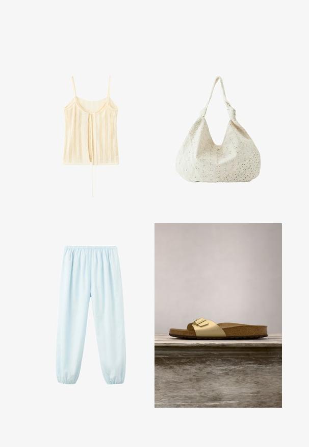 Débardeur en maille crème avec fines bretelles, rayures verticales en maille ouverte et un détail noué à l'avant qui pend librement.; Pantalon bleu clair à taille et chevilles élastiques, coupe ample, en tissu léger.; Sandale glissante synthétique dorée avec une seule sangle et un accent de boucle, dotée d'un pied en liège brun et d'une semelle en caoutchouc texturé.; Sac à épaule en tissu couleur crème avec broderie florale à œillets et une seule bandoulière souple.