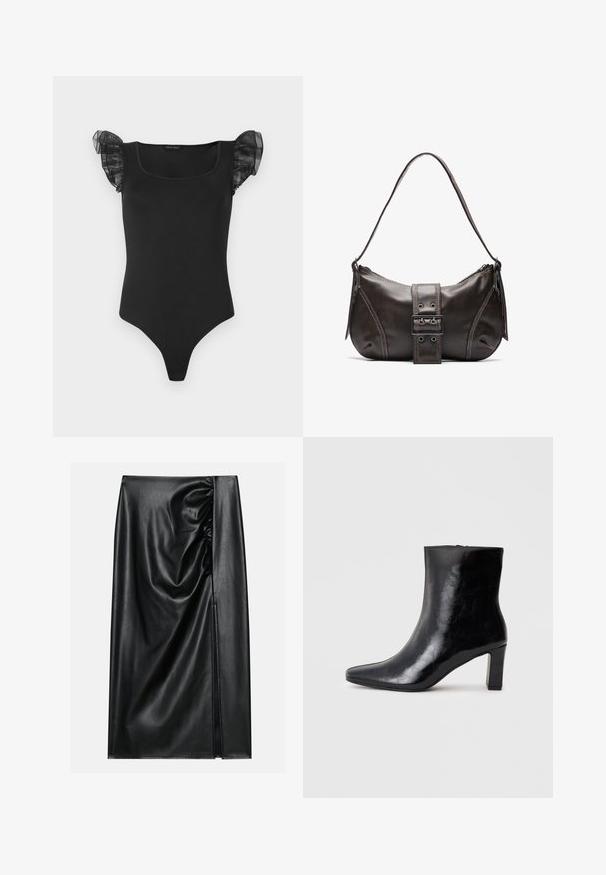 Bodysuit ajusté noir avec décolleté carré et manches courtes en voile froncé, présenté à plat sur un fond blanc.; Jupe en cuir noir avec une texture lisse, présentant une section froncée sur un côté et une fente sur le côté pour un détail supplémentaire.; Bottine noire en cuir brillant, avec un bout pointu et un talon carré moyen, présentant une texture lisse et un design simple.; Sac à épaule en cuir marron avec une forme courbée, présentant un détail de boucle proéminent, des coutures contrastantes et une seule bandoulière.