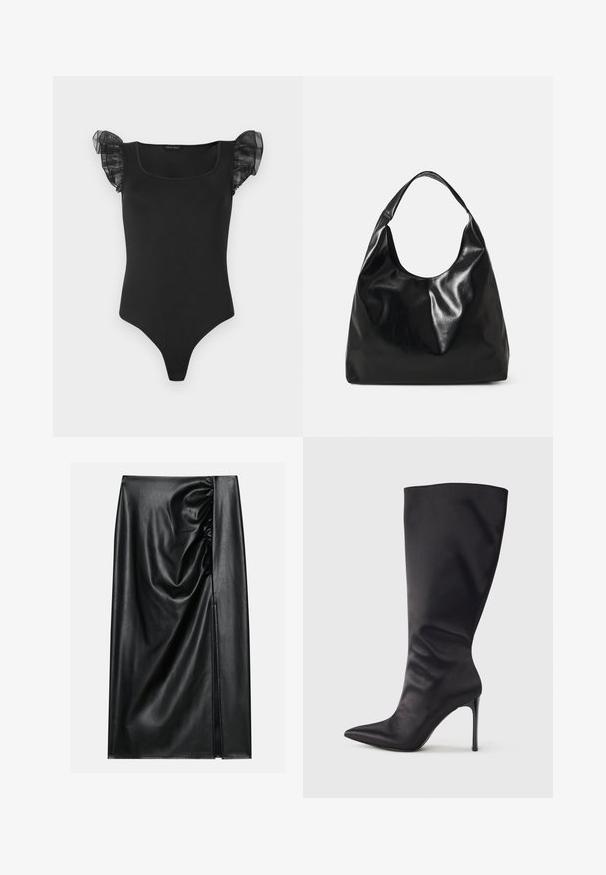 Μαύρο φ fitted bodysuit με τετράγωνη λαιμόκοψη και διάφανα φουσκωτά μανίκια, εκτεθειμένο επίπεδα σε λευκό φόντο.; Μαύρη δερμάτινη φούστα με λεία υφή, χαρακτηριζόμενη από μια συγκεντρωμένη περιοχή στη μία πλευρά και με μια πλαϊνή σχισμή για επιπρόσθετη λεπτομέρεια.; Μαύρο ψηλό μπότες στιλέτο μέχρι το γόνατο από λείο, γυαλιστερό υλικό· μυτερή μύτη· στενή εφαρμογή με διακριτική πιέτα κοντά στον αστράγαλο· γυαλιστερό τακούνι.; Μαύρη δερμάτινη τσάντα hobo με μαλακή, γυαλιστερή υφή και στρογγυλή, ανοιχτή κορυφή. Διαθέτει φαρδύ, καμπύλο λουρί για μεταφορά. Χωρίς ορατό εξοπλισμό.
