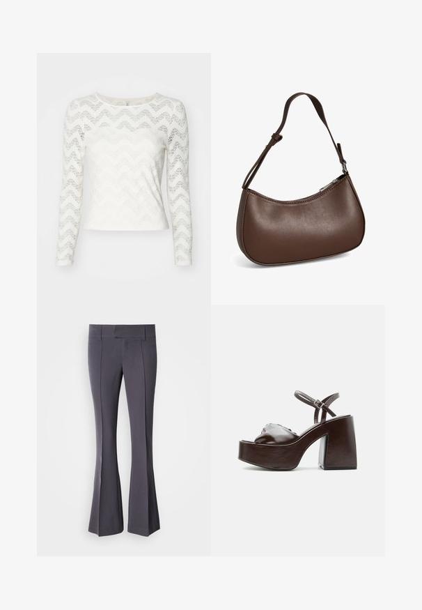 Haut à manches longues blanc avec un motif de dentelle en zigzag, décolleté rond et une silhouette ajustée. Texture lisse avec un léger éclat.; Pantalons grijs évasés en tissu lisse avec une coupe ajustée, présentant des plis avant et une taille mi-haute.; Sandale plateforme en cuir marron foncé avec talon bloc épais, bout ouvert et bride réglable à la cheville avec boucle métallique.; Petit sac bandoulière en cuir marron avec sangle réglable et fermeture éclair, présenté sur fond blanc. Aucun logo ou décoration visible.
