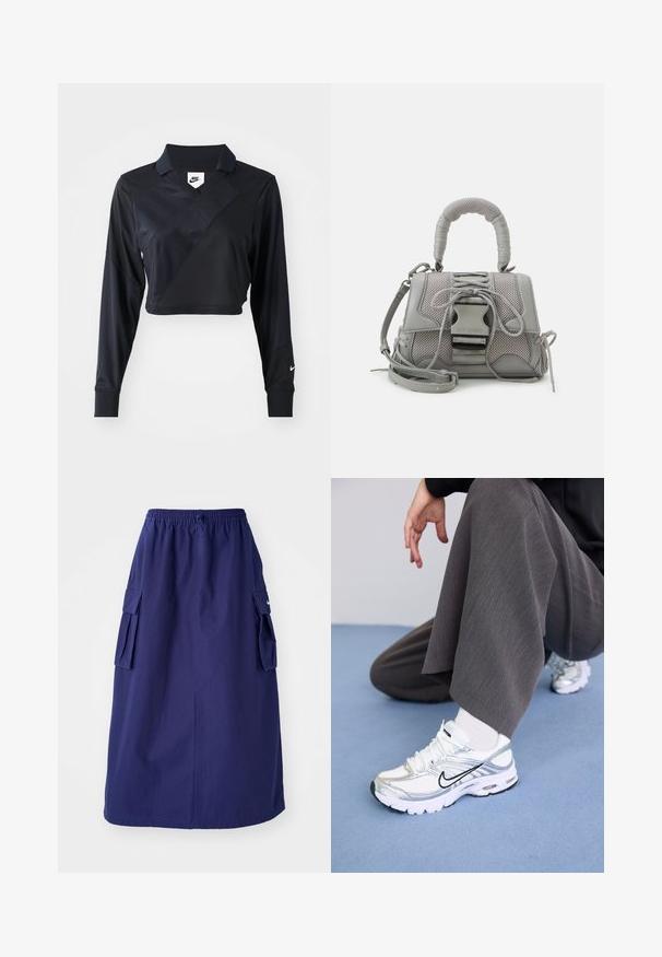 Sort langærmet cropped polo-skjorte med V-hals, der har et diagonalt sømdesign, glat tekstur og et Nike-logo på ærmet.; Marineblå, mellemlang nederdel med elastisk talje, der har to sidelommer og et minimalistisk logodesign. Glat stofstruktur.; Hvide og sølv atletik sko med meshej og syntetiske materialer, der har sorte accentlinjer, snørebånd og strukturerede såler.; Grå tekstureret håndtaske med en polstret hank, mesh-detaljer, justerbar rem og en frontlås. Kompakt design med en afrundet form.