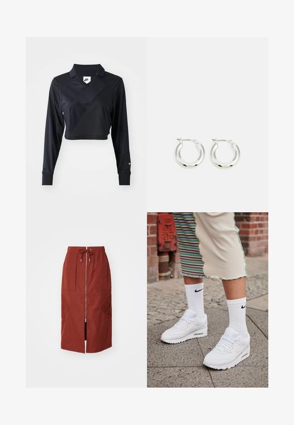 Must mustargiga mustekatega polo-särgil on V-kaelus, diagonaalne õmblusdisain, sile texuur ja Nike logo varrukal.; Keskmise pikkusega seelik terrakota punases, millel on eesne lukuga, elastne vöökoht koos tõmblukuga ja küljetaskud geomeetrilise mustriga.; Valged Nike Air Max 90 sneaksid, millel on silmade ja nahast pealispind, nähtava õhuüksusega, koos valgete soonikute sokkidega musta logoga.; Hõbedased rõngaskõrvarõngad poleeritud viimistlusega, ringikujulise kujuga ja hingedega kinnitusega. Sile tekstuur minimaalsete detailidega.