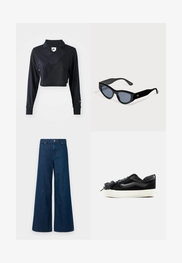 Zwarte langwerpige cropped polo met lange mouwen en een V-hals, met een schuin naadontwerp, een soepele textuur en een Nike-logo op de mouw.; Blauwe wijde denim jeans met knoopsluiting aan de voorkant, riemlussen en een vijf-pocket ontwerp op een witte achtergrond.; Zwarte lage sneakers met geplooide satijnen veters, witte dikke rubberen zool en zwart golfpatroon aan de zijkant, afgebeeld tegen een effen achtergrond.; Zwarte cat-eye-zonnebril met donkere glazen en dikke pootjes, met een klein wit logo aan één kant.