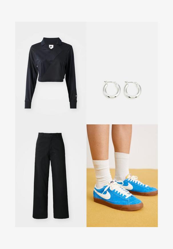 Sort langærmet cropped polo-skjorte med V-hals, der har et diagonalt sømdesign, glat tekstur og et Nike-logo på ærmet.; Sorte vide bukser med flad front, knaplukning og bæltestropper. Fremstillet af holdbart stof med en glat tekstur.; Blå ruskind Nike sneakers med hvide detaljer, flade snørebånd og brune gummisåler, parret med ribbede hvide sokker.; Sølv hoop-øreringe med en poleret finish, der har en cirkulær form og en hængslet lukning. Glat tekstur med minimal detaljering.