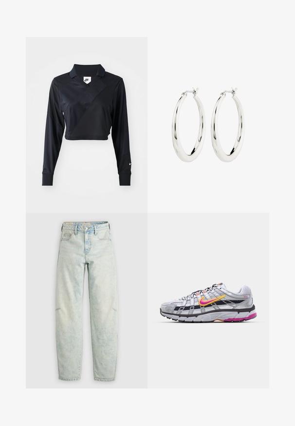 Sort langærmet cropped polo-skjorte med V-hals, der har et diagonalt sømdesign, glat tekstur og et Nike-logo på ærmet.; Lyseblå slidte denimjeans med en afslappet pasform, der har fem lommer, en knaplukning og falmet, let tekstureret stof hele vejen gennem.; Grå mesh løbesko med en karakteristisk pink og gul swoosh, sorte accenter og en tekstureret gummisål. Har forstærket tå og polstret krave.; Sølvøreringe i form af hoops med en glat, blank finish. Cirkulær form, der har en sikker lås. Simpelt og elegant design.