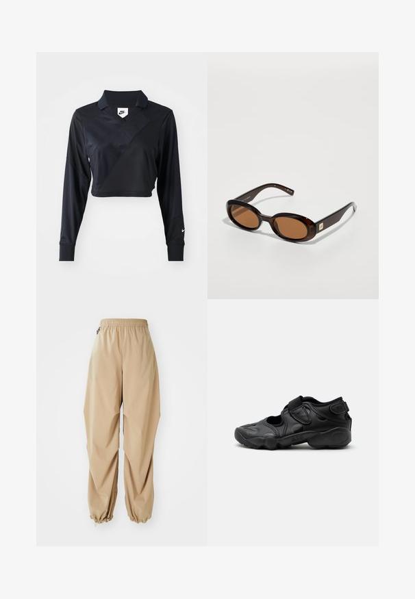 Schwarzes langärmliges, cropped Polo-Shirt mit V-Ausschnitt, diagonaler Nahtgestaltung, glatter Textur und einem Nike-Logo auf dem Ärmel.; Beige leichte Hose mit elastischem Bund, schmal zulaufenden Säumen und glatter Textur, die eine lockere Passform hat und keine sichtbaren Muster oder Verzierungen aufweist.; Schwarze sportliche Sandale mit geschlossenem Zehenbereich, Klettverschlüssen am Mittelfuß und an der Ferse sowie einer dicken gepolsterten Sohle mit der Aufschrift „AIR“ an der Seite.; Braune Schildpatt-Sonnenbrille mit ovalen Gläsern, ausgestattet mit einem dünnen Rahmen und einem kleinen metallischen Akzent an der Seite. Texturierte und polierte Oberfläche.