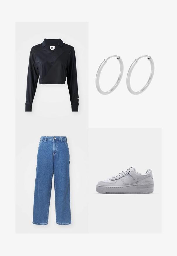 Čierna dlhá rukáv polo košeľa so skráteným strihom a výstrihom do V, ktorá má diagonálny šev, hladkú textúru a logo Nike na rukáve.; Modré denimové nohavice so širokými nohavicami a vysokým pásom, zapínanie na gombík a bočné vrecká. Bledý pranie s jemnou štruktúrou a rovný strih.; Šedé tenisky Nike Air Force 1 s perforovanou špičkou, hladkým koženým zvrškom, hrubou podrážkou a embosovaným detailom 'AIR' na päte.; Strieborné kruhové náušnice, oblého tvaru, hladký lesklý povrch a rovnomerná šírka po celom obvode. Minimalistický dizajn bez ďalších akcentov.
