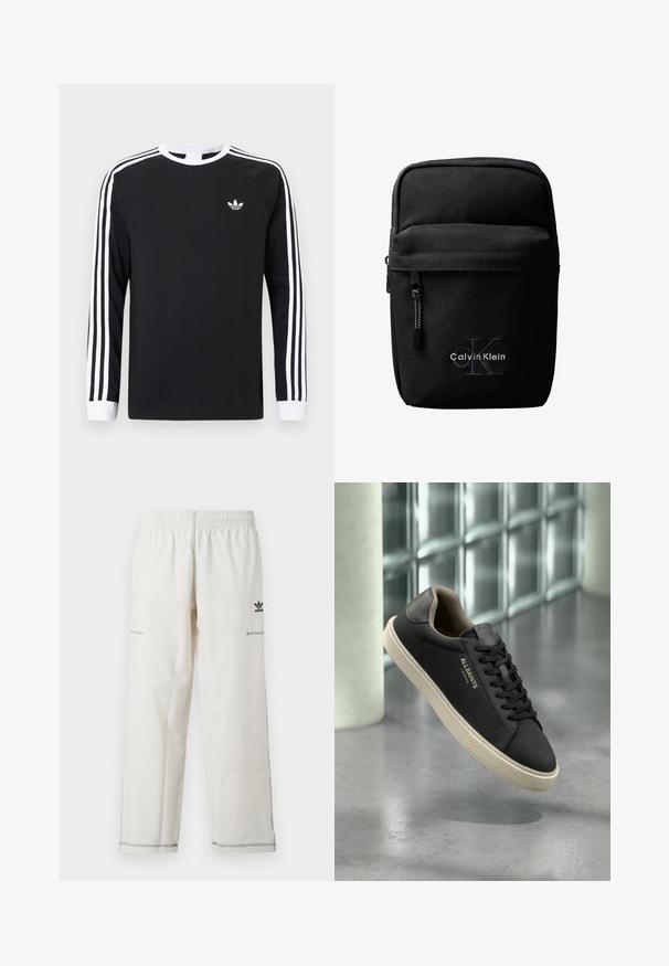 Sort langærmet T-shirt med hvidt trestribet design på ærmerne. Har rund halsudskæring og et lille hvidt logo på brystet.; Hvide atletikbukser med elastisk taljebånd, sidelommer og sort adidas-logo samt syninger som detaljer. Glat, letvægtsstof.; Sort lavtop sneaker med beige sål og snørebånd, "ALLSAINTS LONDON" logo på siden, svævende over poleret betongulv med glasblokvæg i baggrunden.; Sort Calvin Klein skuldertaske med lynlåslomme foran, præget "cK" logo og hvidt broderet mærkenavn.