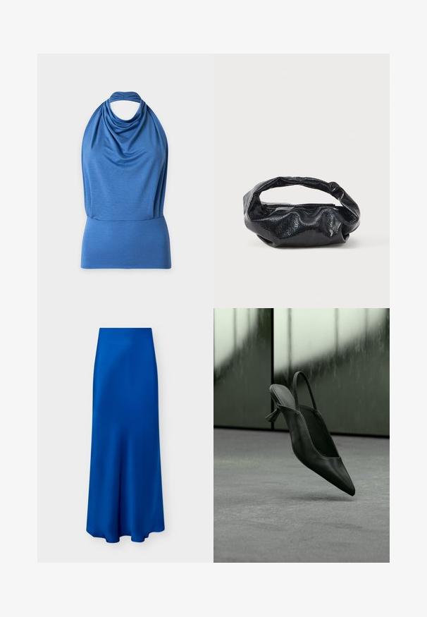 Haut bleu sans manches à col halter avec tissu drapé et large ceinture ajustée sur un fond uni.; Jupe midi en satin bleu avec une taille haute et un ourlet évasé, présentée sur un fond gris clair uni.; Escarpin à talon haut en cuir noir avec bride arrière et bout pointu, flottant au-dessus d'un sol recouvert de moquette grise, mur verdâtre flou en arrière-plan.; Sac noir en matériau texturé et brillant avec une poignée circulaire torsadée et une fermeture éclair. Présente un design doux et froissé.