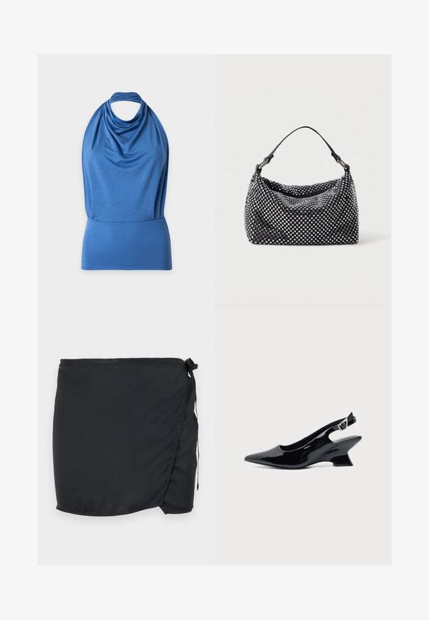 Blue sleeveless halter neck top with draped fabric and wide fitted waistband on a plain background.; Black swim skirt with a wrap design, made of lightweight fabric. Features a side tie closure and a smooth texture.; Black patent leather slingback shoe with pointed toe and low angled block heel on plain light background.; Black and silver handbag with a woven, textured surface featuring square patterns, a single top handle, and a slouchy design.