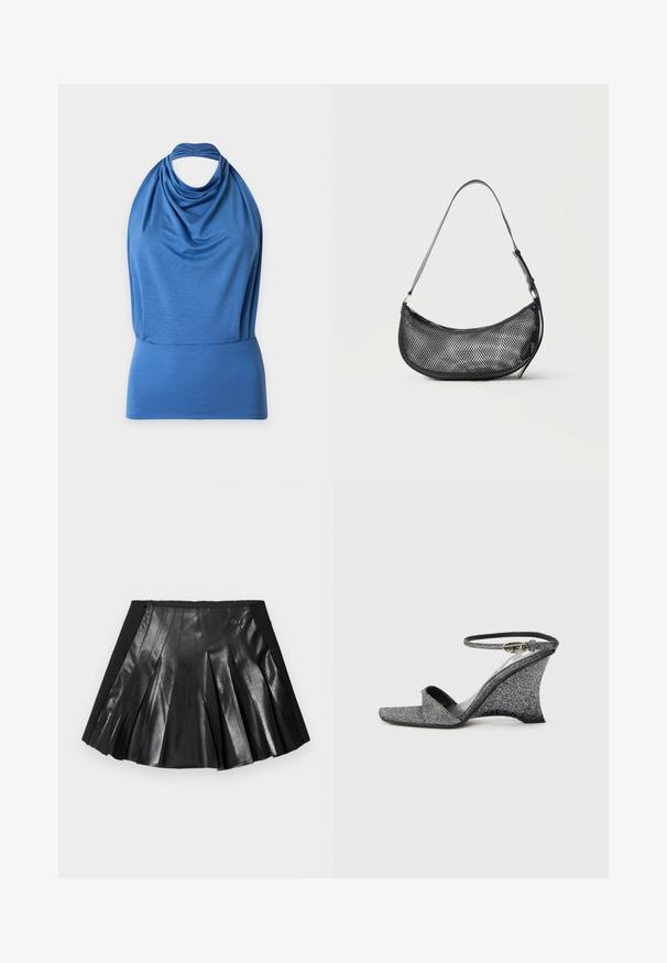 Haut bleu sans manches à col halter avec tissu drapé et large ceinture ajustée sur un fond uni.; Jupe plissée noire avec un devant en cuir brillant et une ceinture noire unie ornée d'un petit détail métallique. Des panneaux en cuir texturé rehaussent le design.; Sandale compensée pailletée argentée avec bout ouvert, bride à la cheville et boucle dorée, vue de côté sur un fond clair uni.; Petit sac d'épaule noir en mesh en forme de croissant avec une lanière fine réglable, sur un fond clair uni.