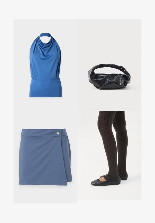 Blue sleeveless halter neck top with draped fabric and wide fitted waistband on a plain background.; Blue wrap-style skirt with a high waistband and a silver button closure on the right side, displayed against a white background.; Legs wearing dark ribbed leggings paired with black ballet flats featuring small bow details on a white background.; Black bag made of glossy, textured material with a circular, twisted handle and a zip closure. Features a soft, wrinkled design.