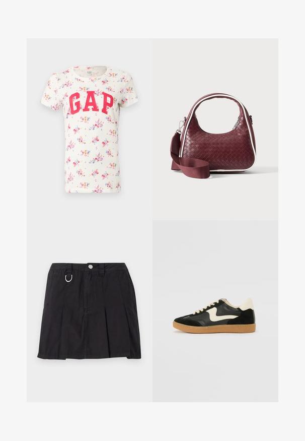T-shirt blanc à manches courtes avec imprimé floral coloré et grande inscription rouge "GAP" sur la poitrine.; Jupe plissée noire en coton, avec une fermeture à boutons sur le devant, des passants de ceinture et un accent en D-ring sur la taille.; Baskets en daim et cuir noir avec un swoosh latéral crème et un talon crème clair. Dotées de lacets beige et d'une semelle en caoutchouc gomme.; Sac à main en cuir tressé marron foncé avec poignée courbée, garniture blanche, fermeture éclair argentée et bandoulière large en tissu amovible sur fond uni.