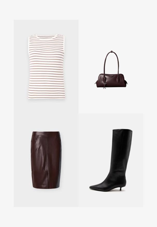 Haut sans manches avec une base blanche et des rayures horizontales marron, en tissu doux, avec un col rond et une coupe ajustée.; Jupe crayon en cuir marron à texture lisse, avec deux poches latérales et des détails de couture à l'avant, conçue pour une coupe ajustée.; Botte noire en cuir jusqu'au genou avec bout pointu et petit talon kitten sur un fond clair uni.; Sac à main en cuir brun foncé Calvin Klein avec de longues poignées doubles et un petit porte-clé logo suspendu à une poignée.