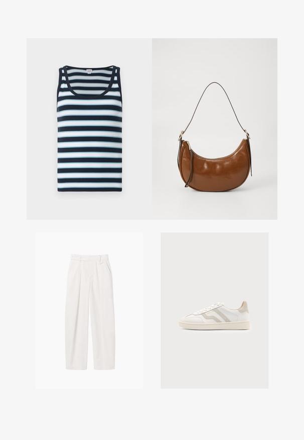 Débardeur rayé avec une texture côtelée, présentant des rayures horizontales bleu foncé et bleu clair, un col arrondi et une bordure foncée.; Pantalon blanc taille haute, jambes droites, avec passants de ceinture, poches latérales et fermeture par bouton à la taille.; Baskets basses blanches avec des accents en daim beige, fermeture à lacets, semelle texturée et logo GANT sur le côté.; Sac en cuir synthétique marron avec un design incurvé, fermeture zippée et une seule sangle marron. Texture lisse avec une finition brillante et un matériel minimal.