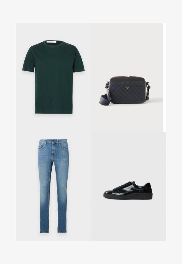 T-shirt à manches courtes vert foncé en coton ; présente un col rond et un design uni sans motifs ni graphiques visibles.; Jean en denim bleu clair avec une coupe droite, doté d'une fermeture à boutons sur le devant, d'un style cinq poches et de détails de couture contrastants.; Baskets en cuir verni noir avec un bout arrondi, un laçage, une semelle en caoutchouc texturé et une finition lisse.; Sac bandoulière rectangulaire bleu foncé avec sangle réglable, fermeture éclair et motif subtil du logo sur le panneau avant.