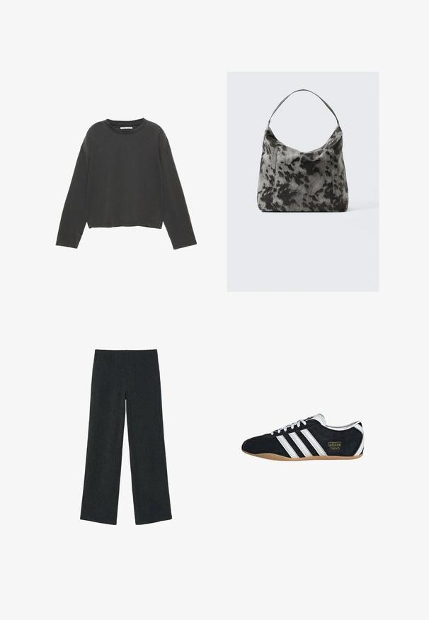 T-shirt noir à manches longues cropped en coton doux. Présente un col rond et des coutures visibles le long des coutures.; Pantalon large en maille côtelée noire avec taille élastique, devant plat et ourlet droit, présenté sur un fond blanc.; Sneakers en suede noir avec trois bandes blanches, logo doré et semelle en caoutchouc marron. Présente un design à lacets à profil bas.; Sac en tissu noir et gris à pois avec une silhouette courbée, une seule poignée et une texture douce, offrant un design décontracté et spacieux.