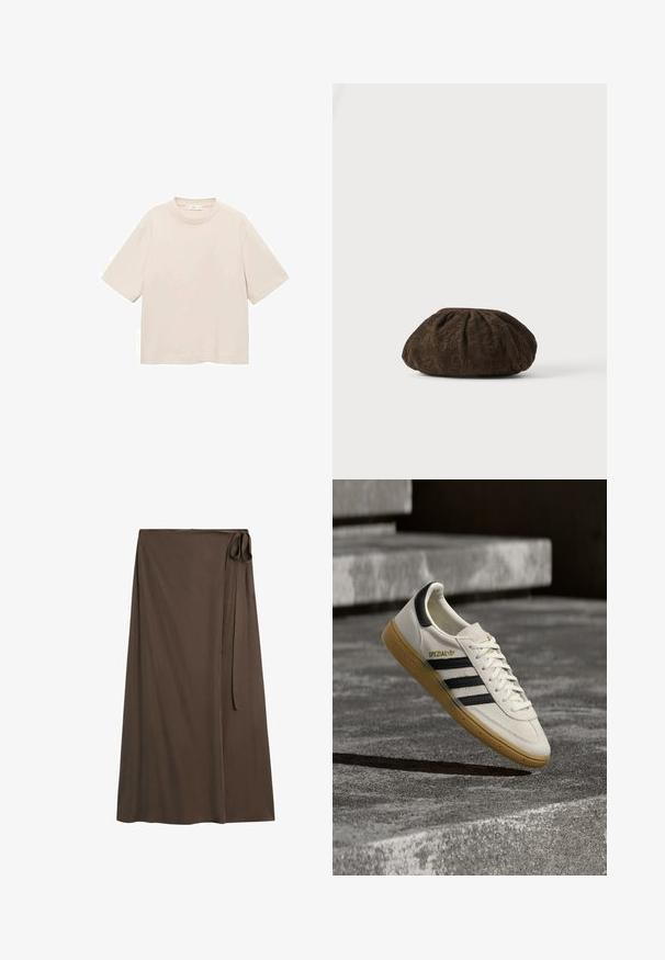 Korte mouwen, rondhals T-shirt in lichtbeige katoen. Eenvoudig ontwerp met een losse pasvorm en zonder zichtbare patronen of accenten.; Lange donkerbruine wikkelrok met zijstriksluiting en glad, vloeiend stof.; Witte Adidas Spezial sneaker met zwarte strepen en gumzool, zwevend boven grijze stenen trappen buiten.; Bruine baret van textuurstof met een subtiel bloemig kanten patroon, bovenaan bijeengehouden, liggend op een wit oppervlak.