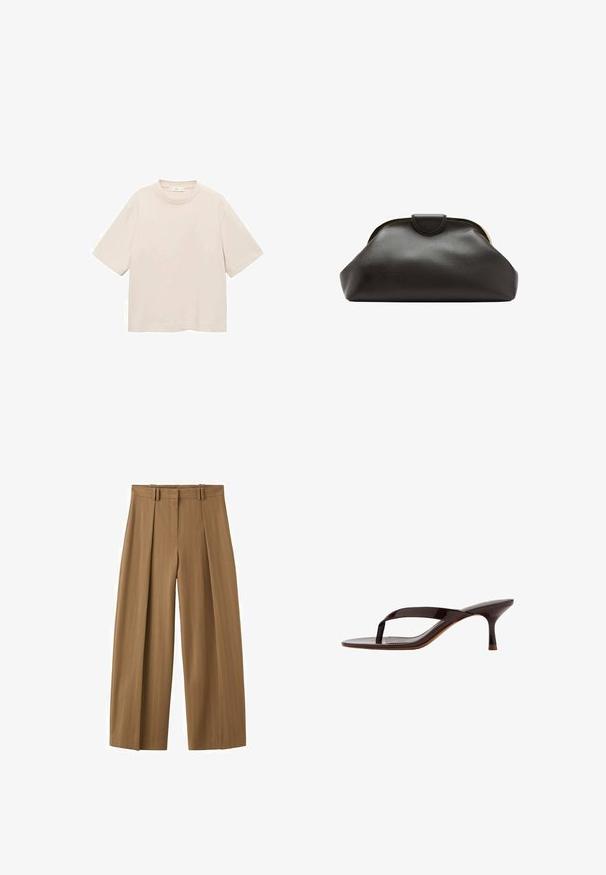 Korte mouwen, rondhals T-shirt in lichtbeige katoen. Eenvoudig ontwerp met een losse pasvorm en zonder zichtbare patronen of accenten.; Brunette hoge taille wijde broek met subtiele krijtstrepen, plooien aan de voorkant, lussen voor een riem en een verborgen rits aan de voorkant.; Zwarte lakleren sandalen met een hiel, teenslipperbandje en een smalle, middelhoog kittenhak, van opzij getoond op een witte achtergrond.; Zachte zwarte leren clutch met een afgerond frame en een kleine lipsluiting bovenin het midden.