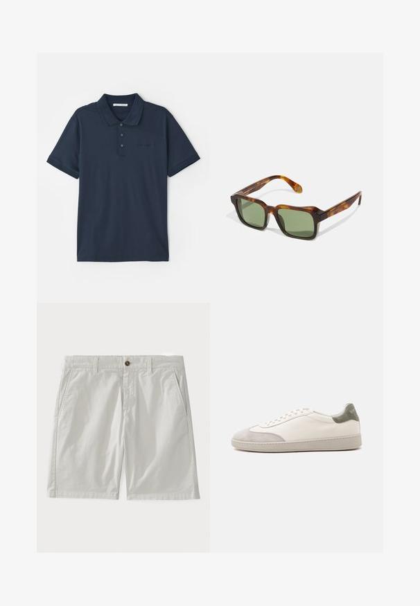 Marineblå polo shirt lavet af bomuld, med en tre-knaps lukning, korte ærmer og et diskret logo på brystet. Glat tekstur.; Hvide bomulds shorts med knaplukning, bæltestropper og sidelommer. Stoffet ser glat ud med et klassisk, skræddersyet design.; Hvid lav sneaker med lysegrå ruskind på tå og hæl, hvide snørebånd og en flad beige sål, vist fra ydersiden.; Firkantede solbriller med en skildpaddefarvet stel, grønne linser og tykke arme. Har skarpe hjørner og en blank overflade. Justerbar pasform.