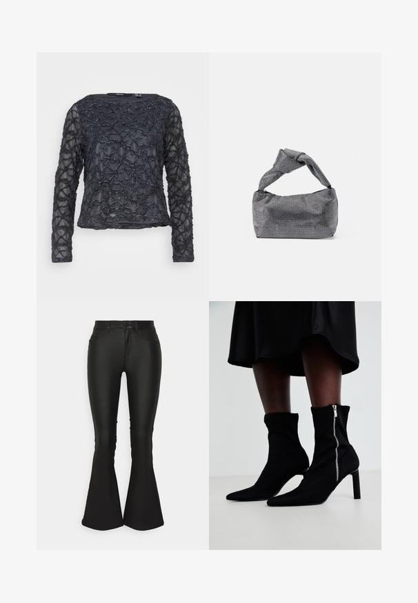 Sort langærmet bluse med struktureret, bølget perle mønster. Gennemsigtigt stof med rund halsudskæring. Regular fit og længde.; ONLY Petite ONLBLUSH FLARED - Bukser - black; Sorte ankelstøvler med en strækbart stofoverdel, spids tå og en sidelukning med lynlås, sat på en slank, høj hæl.; Sorte og sølv håndtaske med en tekstureret overflade, der har et diamantmønster, en knyttet håndtag og en struktureret form.