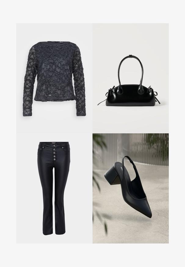Sort langærmet bluse med struktureret, bølget perle mønster. Gennemsigtigt stof med rund halsudskæring. Regular fit og længde.; Sorte flared jeans med et elegant design, lavet af et glat materiale. Har fem sølvfarvede knaplukninger og lommer foran.; Sort læder slingback hæl med spids tå og blokhæl. Glat tekstur, minimalistisk design og justerbar ankelrem.; Lille sort blank håndtaske med to lange håndtag og snøre-detaljer i siden på en ensfarvet lys baggrund.