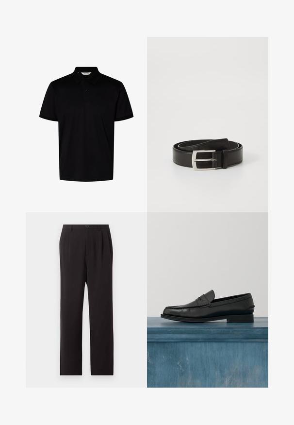 Polo noir à manches courtes avec col et deux boutons au niveau de l'encolure, présenté sur un fond blanc uni.; Pantalon noir taille haute sur mesure avec plis, fermeture par boutons, passants de ceinture et jambes droites sur un fond clair uni.; Mocassins noirs en cuir avec un design élégant, comportant un bout cousu et une finition lisse. La chaussure possède un talon bas et un minimum de détails.; Ceinture en cuir noir avec une texture lisse, comportant une boucle en métal argentée de forme rectangulaire et un design classique.
