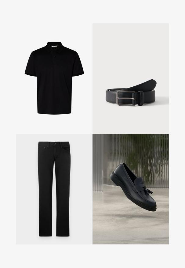 Sort kortærmet polo skjorte med krave og to knapper ved halsudskæringen, vist på en ensfarvet hvid baggrund.; Sorte jeans med lige ben, fem lommer, bæltestropper og knaplukning i taljen, vist mod en ensfarvet baggrund.; Sorte læderloafers med en glat tekstur, en rundet tå og dekorative kvaster foran. Fleksibel gummisål med lav hæl.; Sort læderbælte rullet med rektangulært sølvfarvet metalspænde på en ensartet lys baggrund.
