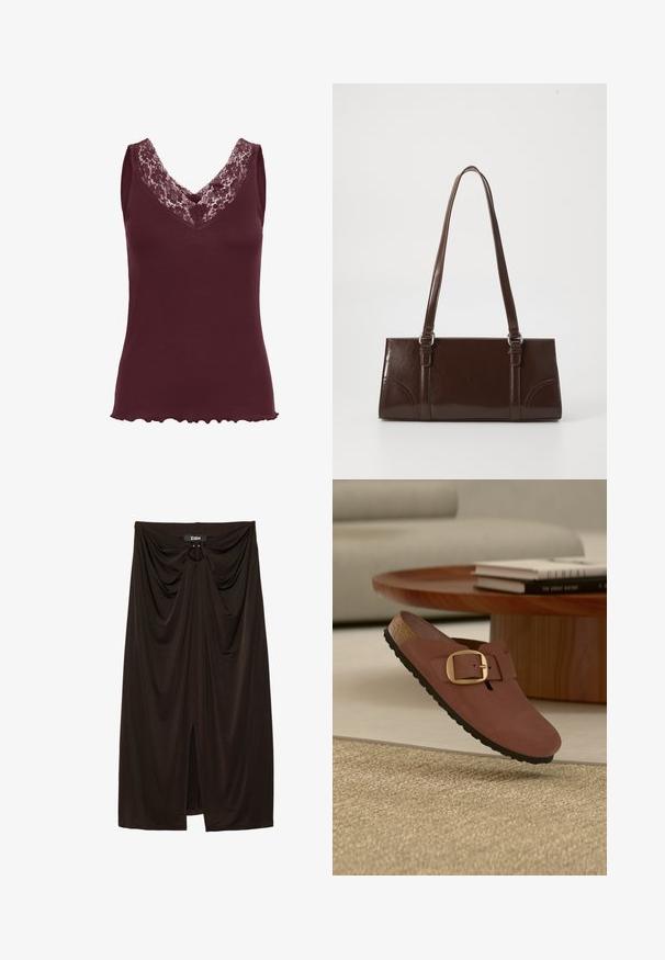 Kaffe KAJENNA - Top - zinfandel; Sort midi nederdel lavet af blødt stof, med draperet design, central knude detalje og en front slids for ekstra bevægelse.; Brun slip-on sko med en stor guldfarvet spænde, korksål og sort slidbane, der svæver over et beige tæppe nær et træbord med stablede bøger.; Brun lakeret håndtaske med rektangulær form, to lange håndtag og subtile buede detaljer på fronten.