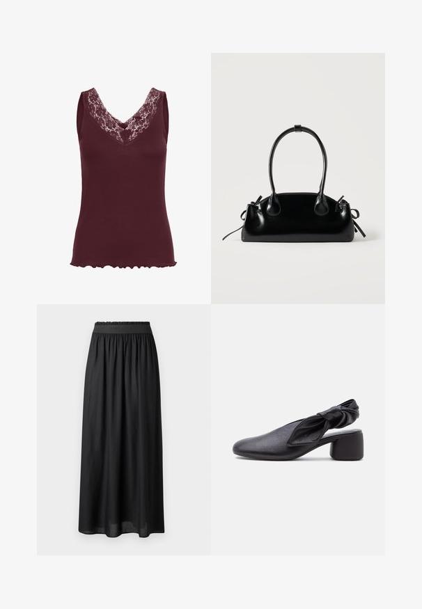 Kaffe KAJENNA - Top - zinfandel; Sort mid-længde nederdel lavet af letvægtsstof, med elastisk talje og en svævende silhuet med en glat tekstur.; Sort læder slingback-sko med rundet tå, detaljer med knyttet rem og lav blokhæl på hvid baggrund.; Lille sort blank håndtaske med to lange håndtag og snøre-detaljer i siden på en ensfarvet lys baggrund.