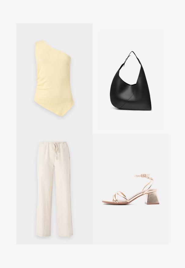 Haut asymétrique jaune pâle à une épaule, sans manches, avec un ourlet asymétrique, présenté sur un fond gris clair uni.; Pantalon en lin léger beige clair, à coupe ample, avec une taille élastique et un cordon de serrage ajustable. Texture lisse et coupe droite.; Sandale métallique dorée à talon bloc avec fines brides croisées sur les orteils et une bride à la cheville avec une petite boucle sur fond blanc.; Sac à épaule en cuir noir avec forme triangulaire incurvée, une seule sangle ajustable, et une couture diagonale visible à l'avant.