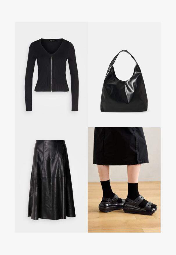 Haut noir à manches longues à côtes, avec un col en V et une fermeture éclair à l'avant. Présente un design ajusté et une texture douce.; Jupe en cuir noir avec une silhouette évasée, présentant des coutures visibles et une texture lisse. Conception mi-longue avec une coupe classique.; Sandales noires, massives avec une finition brillante et deux sangles réglables, portées avec des chaussettes noires. Posées sur un sol en bois texturé.; Sac hobo en cuir noir avec une texture douce et brillante et un haut ouvert arrondi. Dispose d'une large sangle courbée pour le transport. Pas de matériel visible.