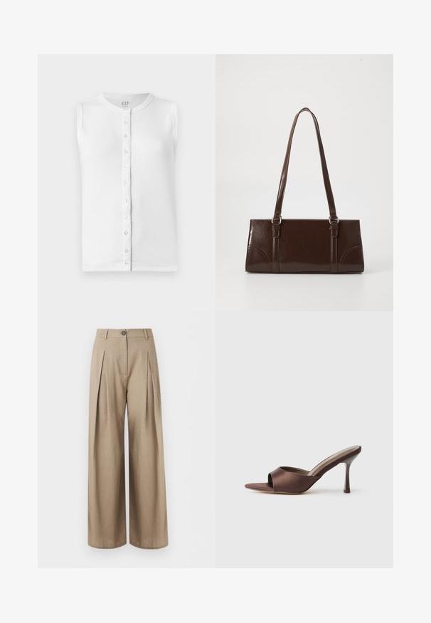 Débardeur blanc sans manches en tissu côtelé, avec un col rond et un devant boutonné avec des boutons transparents.; Pantalon beige à jambes larges avec plis sur le devant, fermeture par boutons, passants pour ceinture et finition lisse du tissu, présenté sur fond blanc.; Mule en satin marron à bout ouvert avec un talon fin de hauteur moyenne et une conception à enfiler sur fond blanc uni.; Sac à main en cuir verni marron de forme rectangulaire, avec deux longues poignées et des accents courbés subtils à l'avant.