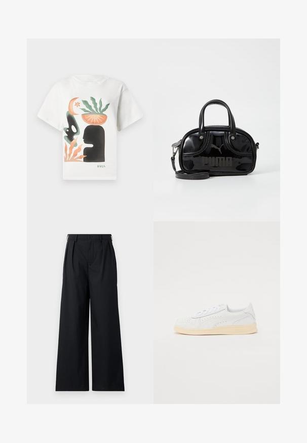 T-shirt blanche avec une art abstrait représentant une silhouette noire de tête, une plante verte dans un bol orange sur la tête, des formes orange et vert, et le logo "RVCA".; Pantalons larges noirs en tissu lisse, dotés d'une fermeture à bouton et de plis pour une structure supplémentaire. Design simple et minimaliste.; Baskets avec une tige en synthétique blanc, design perforé, lacets plats et semelle en caoutchouc crème. Présente un logo sur le talon et le côté.; Sac à main en cuir verni noir avec des poignées supérieures doubles, une bandoulière amovible, une forme arrondie et un logo "PUMA" en relief bien visible.
