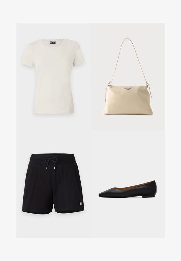 Lichtbeige t-shirt met korte mouwen, gemaakt van zachte stof, met een ronde halslijn en een subtiel patroon aan de voorkant, nabij de bovenkant links.; Zwarte katoenen short met een elastische tailleband, verstelbaar trekkoord en gouden accenten. Heeft zijzakken en een gladde textuur.; Zwarte leren puntschoen met lage hak en gladde afwerking, zijaanzicht op een lichtgrijze achtergrond.; Crèmekleurige leren schoudertas met een zilveren gevleugeld embleem en een dunne riem tegen een effen achtergrond.