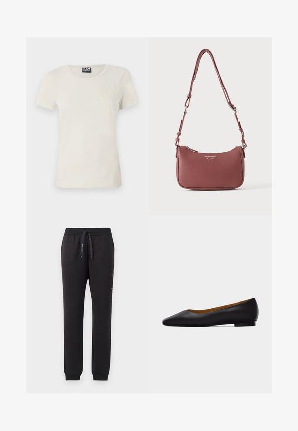 Helles beige T-Shirt mit kurzen Ärmeln aus weichem Stoff, mit einem Rundhalsausschnitt und einem dezenten Muster auf der Vorderseite in der oberen linken Ecke.; Schwarze Jogginghosen aus weichem Baumwollmaterial mit elastischem Bund und Kordelzug. Mit gerippten Bündchen und gesticktem Text an der Seite.; Schwarzer flacher Schuh aus Leder mit spitz zulaufender Vorderkappe, niedrigem Absatz und glatter Oberfläche, von der Seite vor einem hellgrauen Hintergrund dargestellt.; Kleine strukturierte mauvefarbene Lederschultertasche mit verstellbarem Riemen und silbernem Reißverschluss, vorne mit Emporio Armani Milano 1981 Logo.